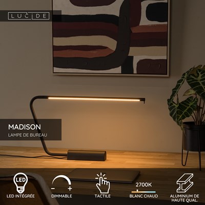 Lucide MADISON - Lampe de bureau - LED Dim. - 1x6,5W 2700K - Noir